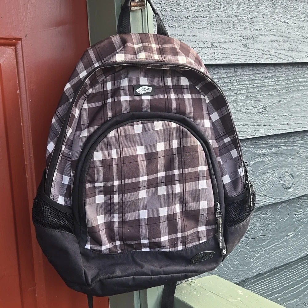 Vans Black White Plaid Backpack School Campus Skater Y2K Streetwear Travel Bag